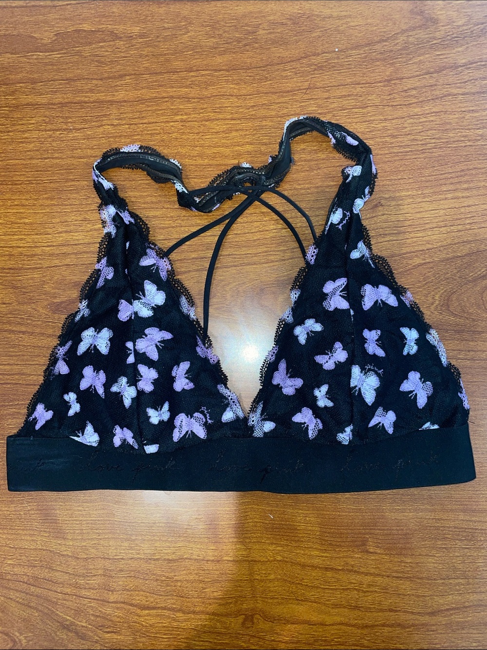 VS Pink Lace Butterfly Bralette - Black with Light Purple Butterflies